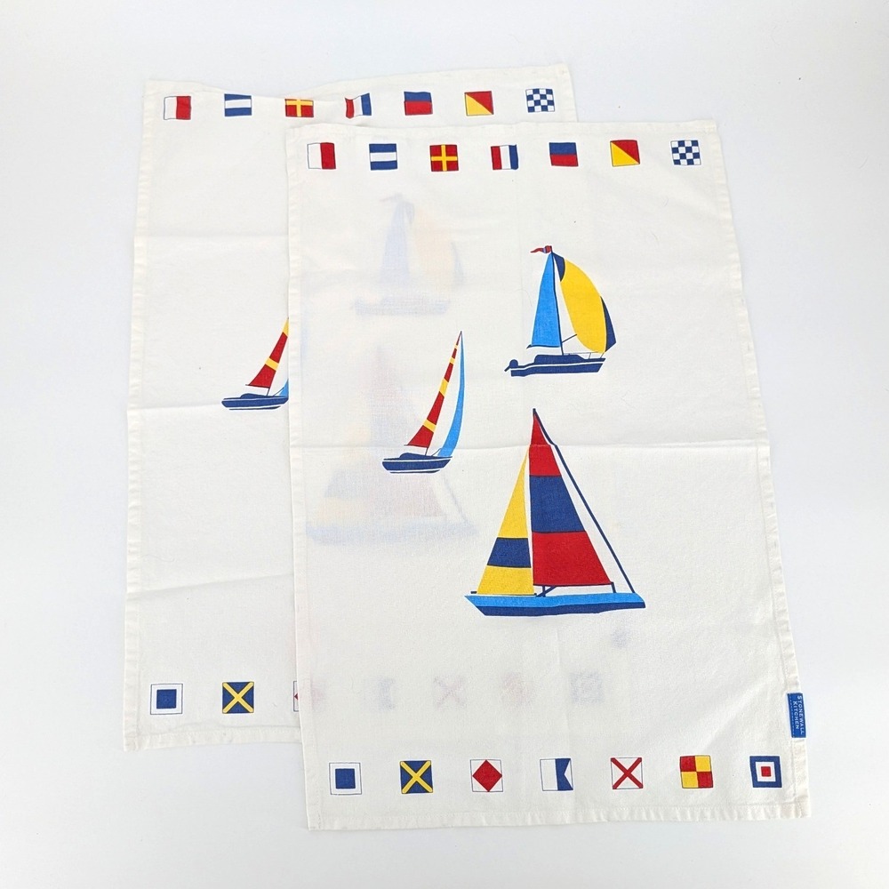 Nautical Sailboat Tea Towels Stonewall Bon Voyage Flags Set of 2 White 18x28